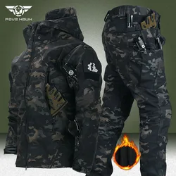 Winter Fleece Warm Suits Men Outdoor Windproof Waterproof Hooded Jacket+Multi-pocket Cargo Pant 2 Pcs Sets Camo Training Set