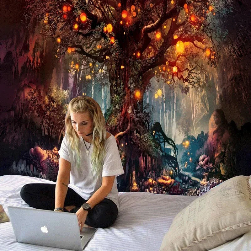 Forest Life Tree Wall Hanging Tapestry Fantasy Plant Magical Castle Tapestry Hippie Psychedelic Decorative Wall Carpet Bed Sheet