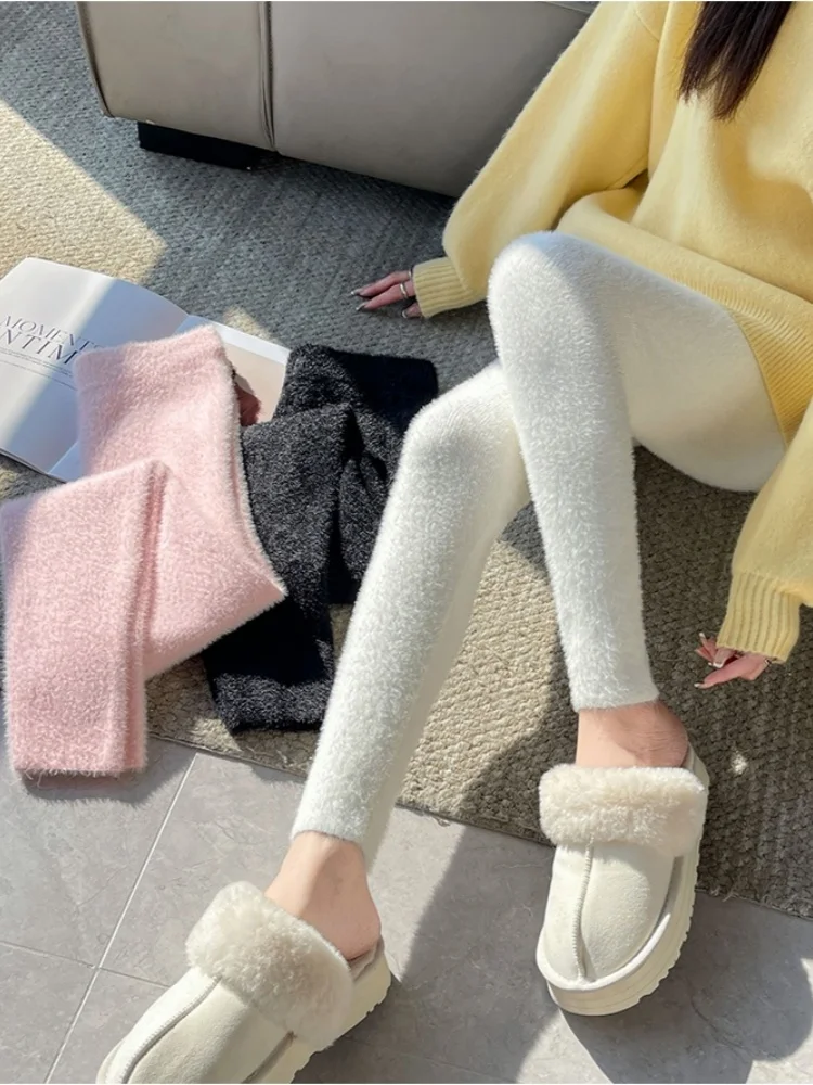 

Thickened Mink Fleece Leggings For Women's Autumn Winter Outerwear Knitted Warm Pants Slimming Tight Fitting Elastic Leggings