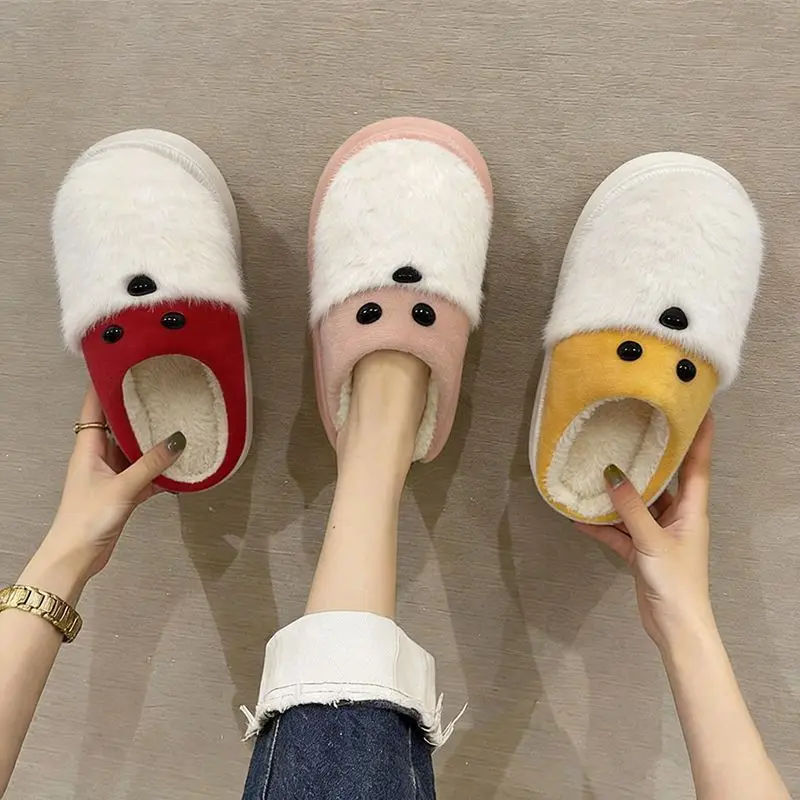 Cute Bear Cotton Slippers for Woman Winter Indoor Non-slip Slides Plush Warm Men Home Sandals Flat Shoe Couples Flip Flops