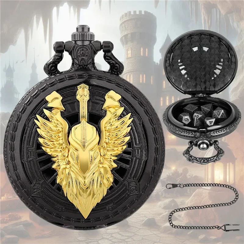 

Retro 7pcs Metal Polyhedral Dice Dragon Role Play Gaming Dices with Knight Pocket Watch Case with FOB Chain Unique Gift
