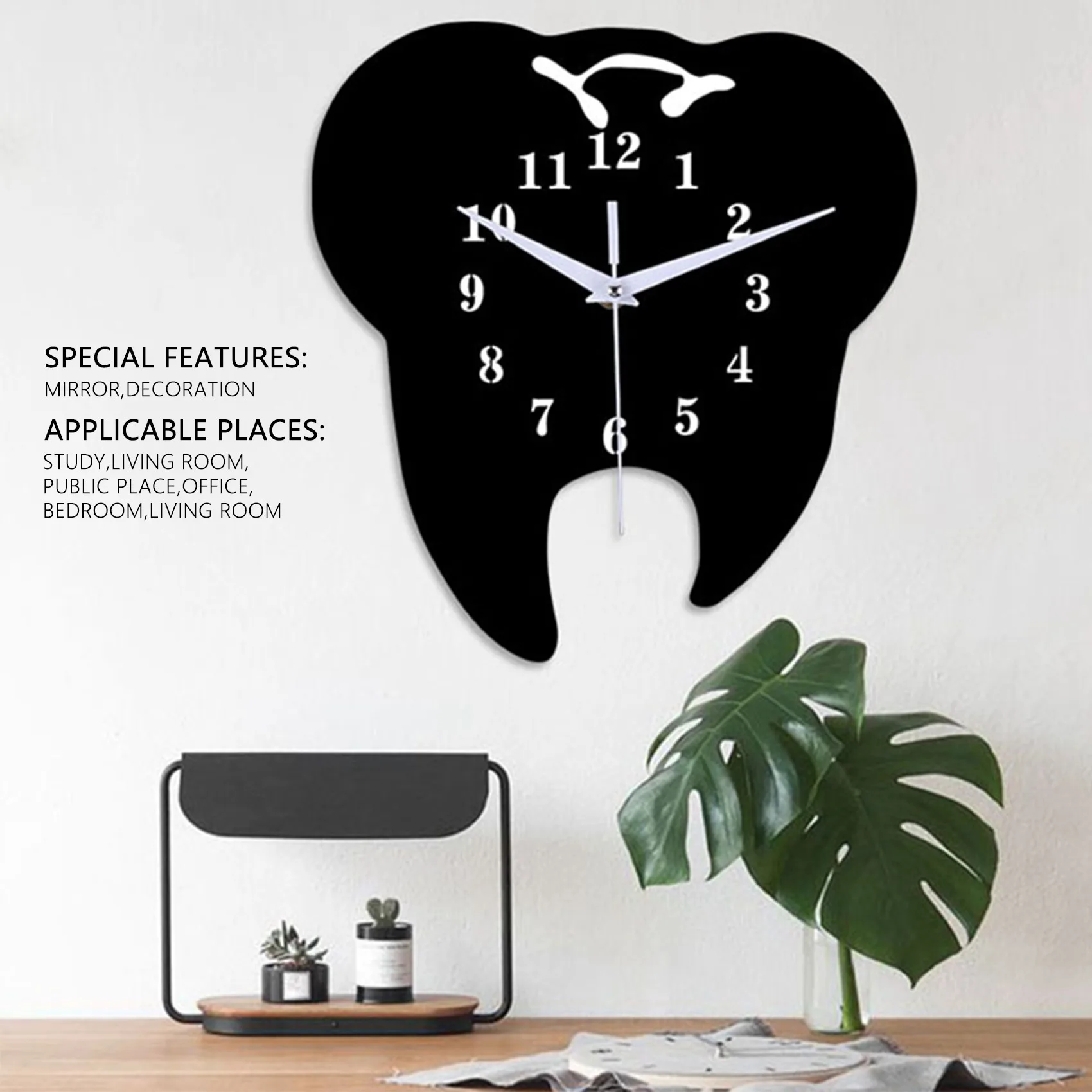 Timelike Creative Tooth-Shaped Wall Clock Dental Ornament Wall Clock 3D Acrylic Creative Mirror Wall Sticker Home Decor-Black