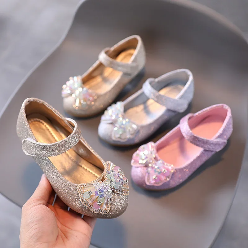 Children Designer Crystal Bow High Heels Leather Shoes Fashion Girls Soft Soled Party Dresses Shoes Trendy Women Casual Sneakers