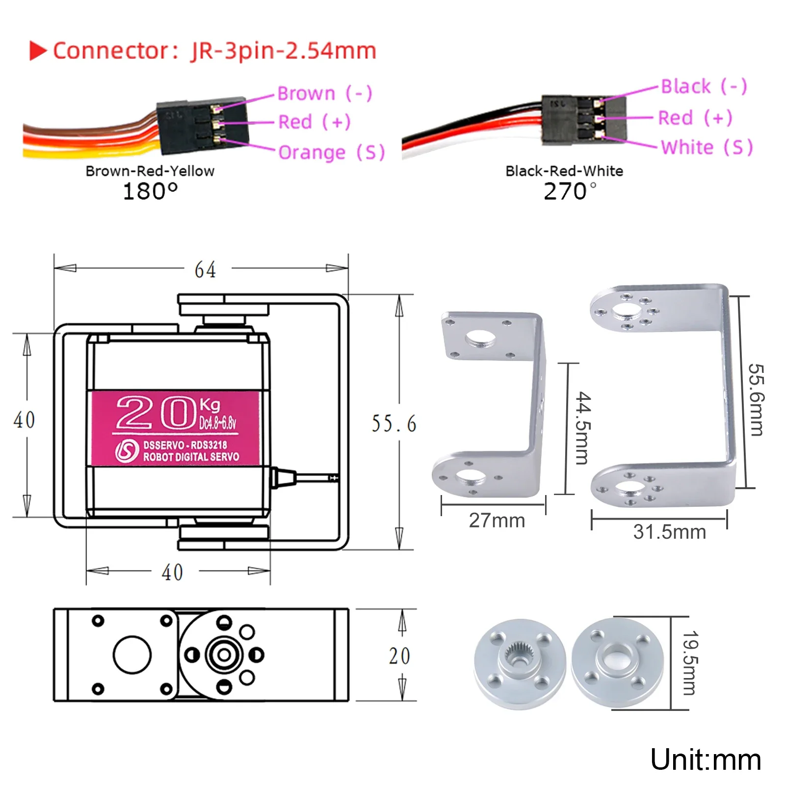 4pcs RDS3218 20KG Servo Dual Shaft Digital RC Servo with U Mouting Bracket IP66 Waterproof 180 270 Degree Servo High Torque