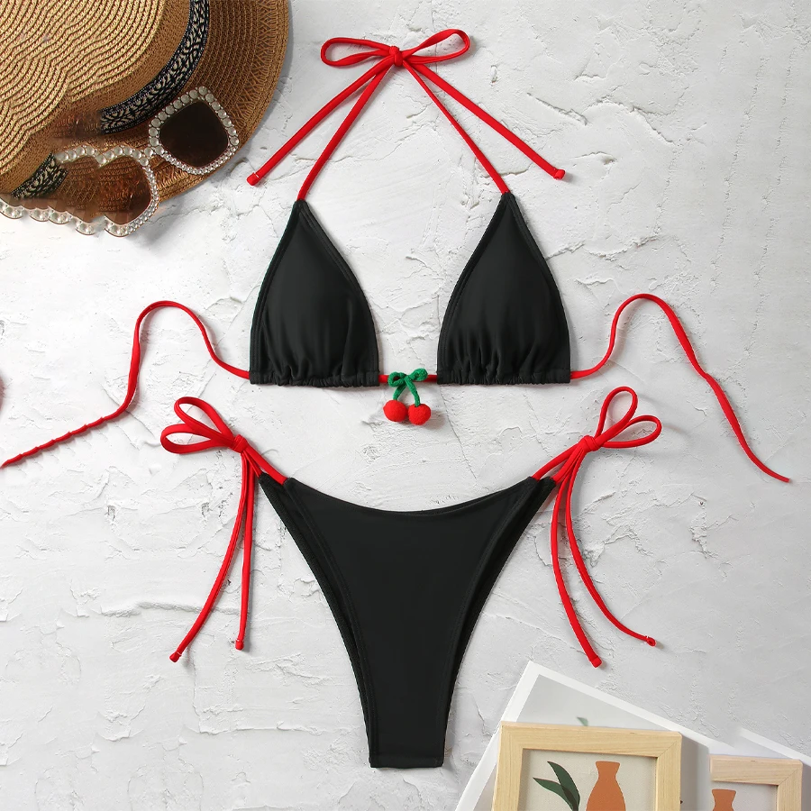 

Para Praia Cherry Decor Купальники Бразильские комплекты бикини 2025 Сексуальный женский купальник с лямкой на шее Стринги Biquini Бандажный купальный костюм