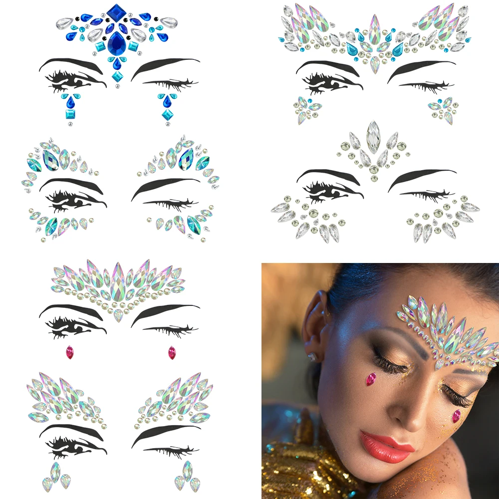 6Pcs Mermaid Face Jewels Gems Rhinestones Rave Eye Body Temporary Stickers Crystal Face Stickers Decorations for Festival Party