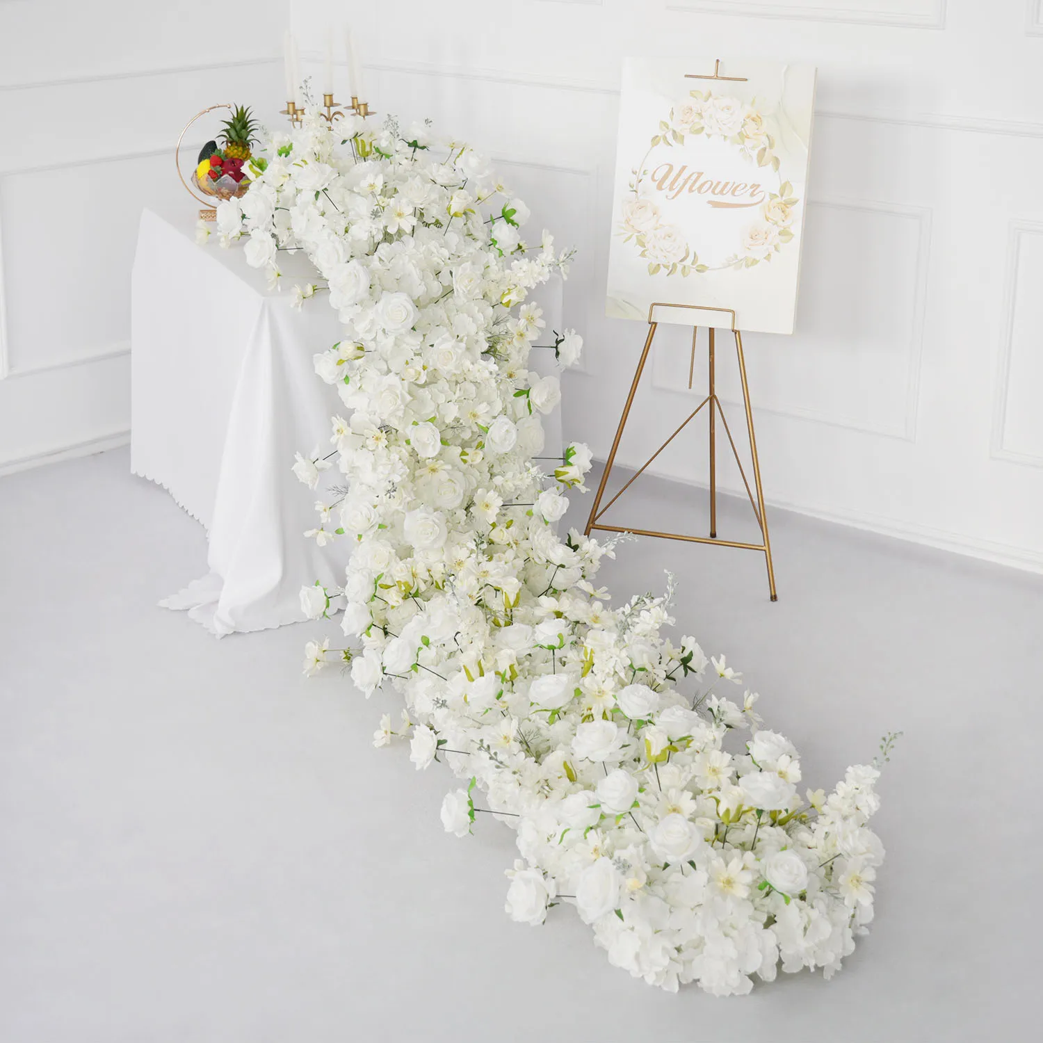 

Uflower White Rose Flower Row Artificial Flower Row Runner Wedding Backdrop Arch Decor Floral Wall Party Event Flower Decoration