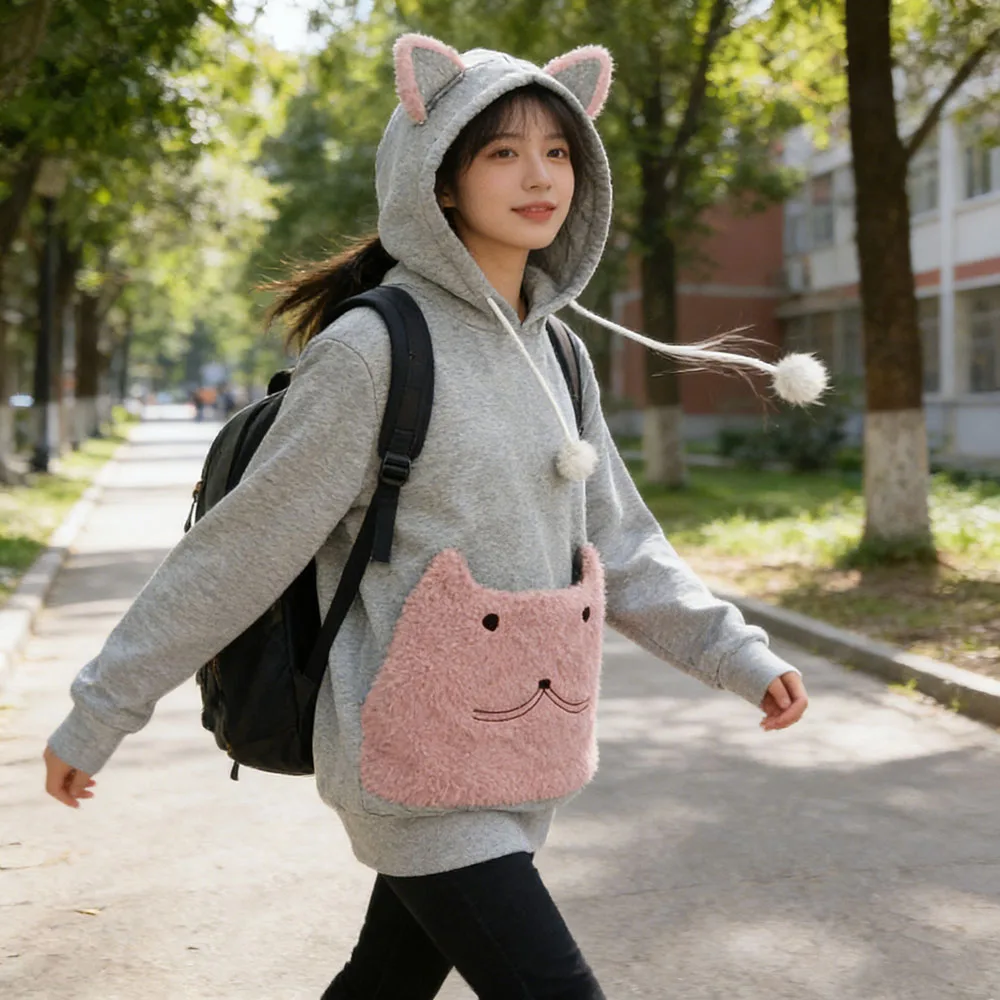 Winter Unisex Streetwear Hoodie Thick Fleece Warm Breathable Pullover With Animal Pouch Pocket For Carrying Small Dog Cat Men