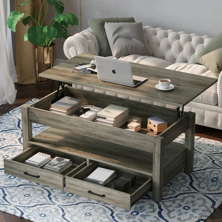 

！@Combohome Mid Century Living Room Rectangle Expandable Storage Lift Top Wooden Coffee Table with Hidden Compartment