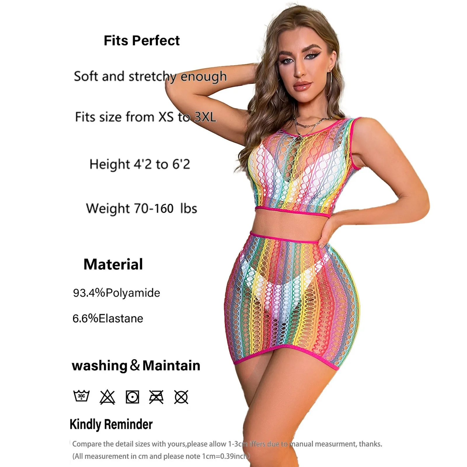 Ladies Rainbow Color Fishnet Beach Dress Swimsuit Cover Up Women Sexy Mesh Hollow See Through Jumpsuits Costumes Lingerie