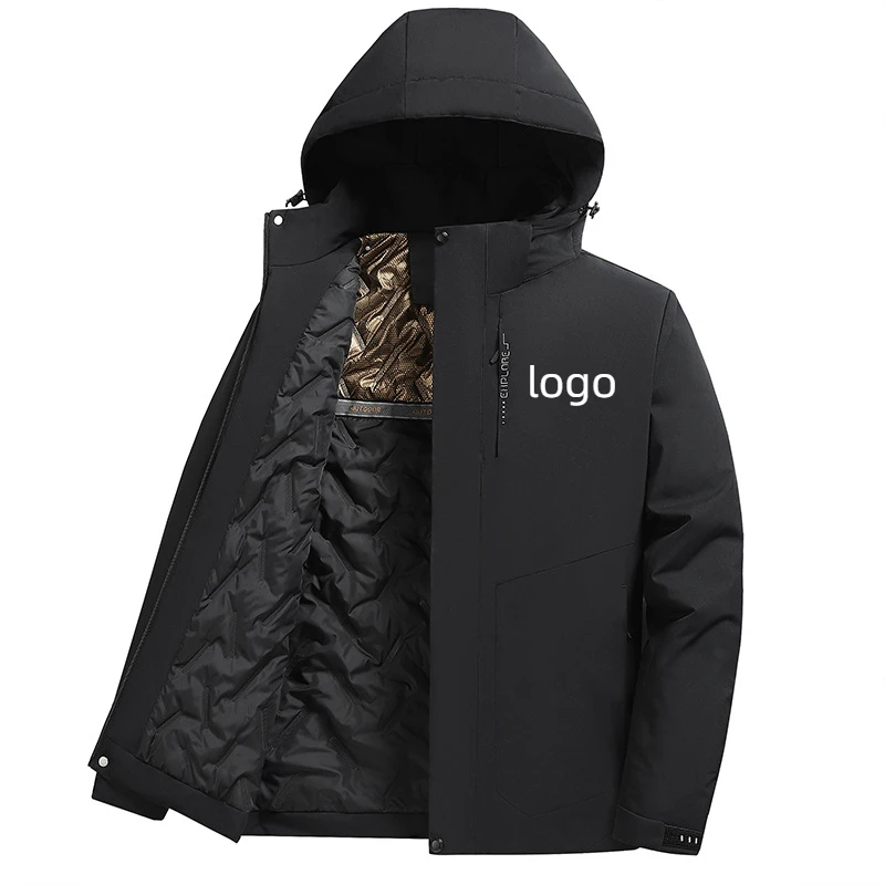 Winter Men's Plush Thick Waterproof Jacket Print Logo Outdoor Sports Windproof Mountaineering Camping Hooded Coat