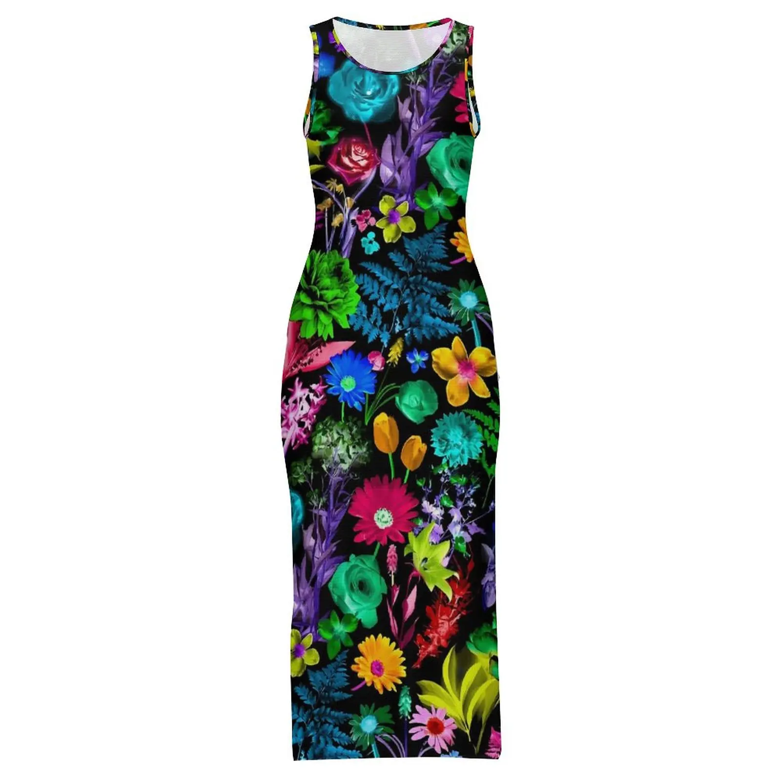 Colorful Floral Print Bodycon Dress Summer Glowing Garden Vintage Maxi Dresses Woman Sleeveless Y2K Fashion Dress Large Size