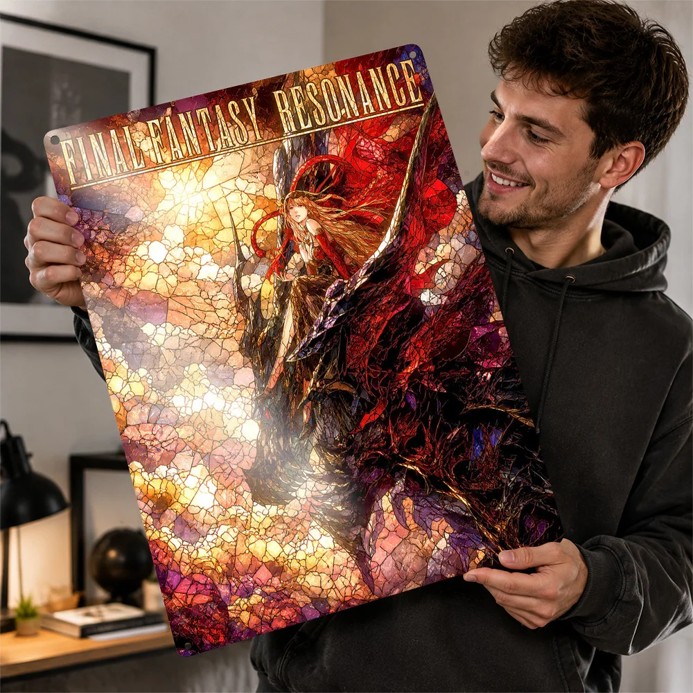 Final Fantasy Resonance Dragon and Woman Metal Poster Gamer Wall Art Customized Retro Tinplate Sign for Bedroom Man Cave Plaque