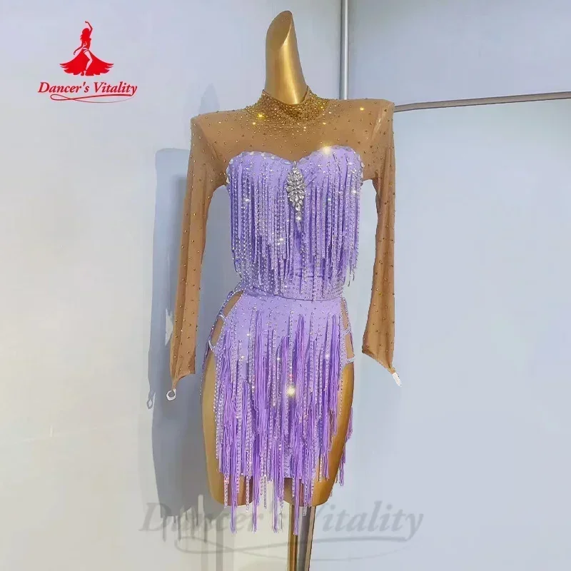 

Latin Dance Long Sleeved Dresses Women Custom Senior AB Stones Tassel Dress Tango Samba Performance Dress Girl's Dancing Costume