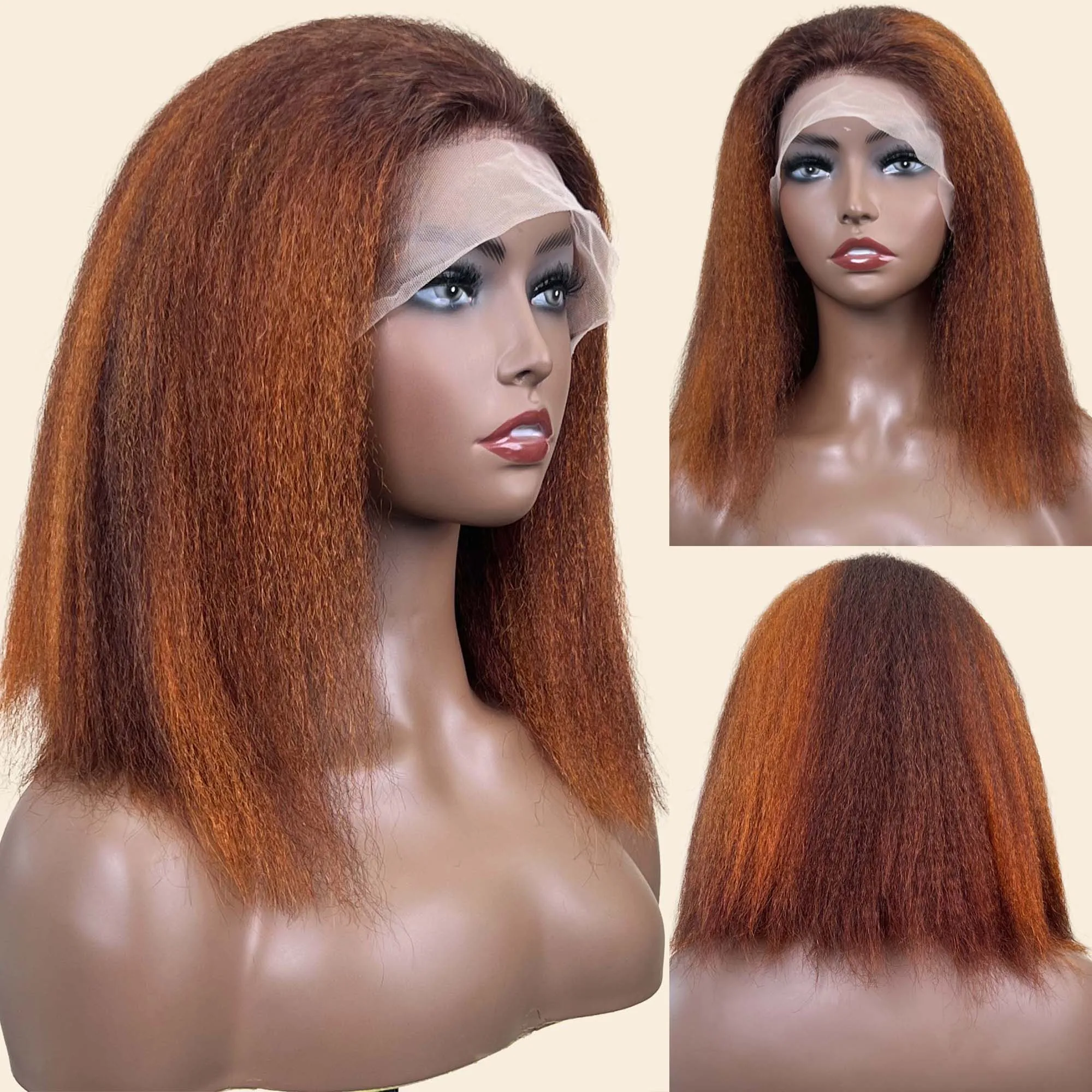 

4/350 Highlight Short Bob Wigs Ginger Brown Color Remy Wig Kinky Straight Transparent 13x4 Lace Frontal Human Hair Wig For Women