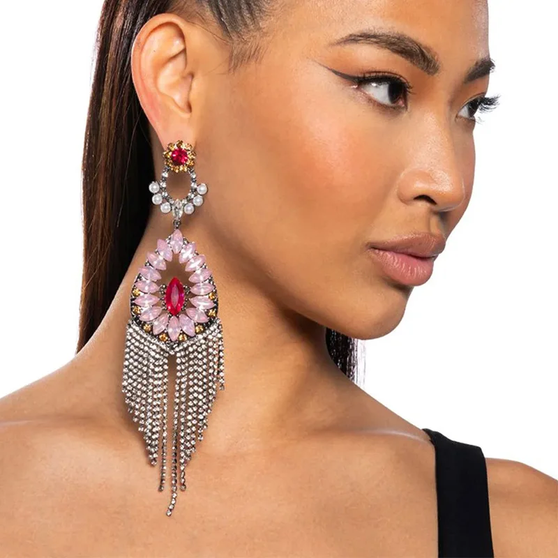 

Tassel Earrings Pink Bohemian Women Pendant Luxury Designer Rhinestone Accessories Crystal Earrings Weddings Party Jewelry Gift