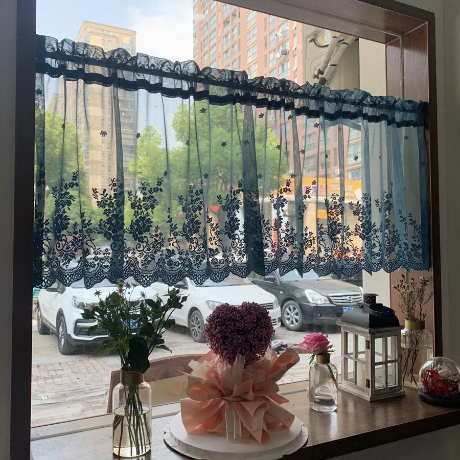 European style pastoral lace embroidery short curtain kitchen cabinet door coffee half curtain partition decoration dark green