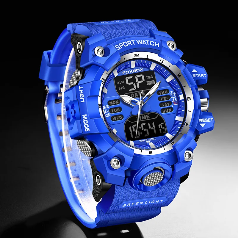 FOXBOX Top Brand Sports Military Quartz Men Watch Waterproof Dual Display Digital Fashion Big Watch For Men LED Man Wristwatch