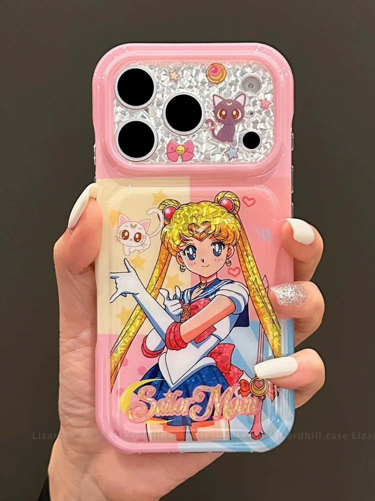 Kawaii Cute Cartoon Japan Anime Sailor Moon Luna Cat Bling Glitter Phone Case For iPhone 17 16 15 Pro Max Shockproof Hard Cover