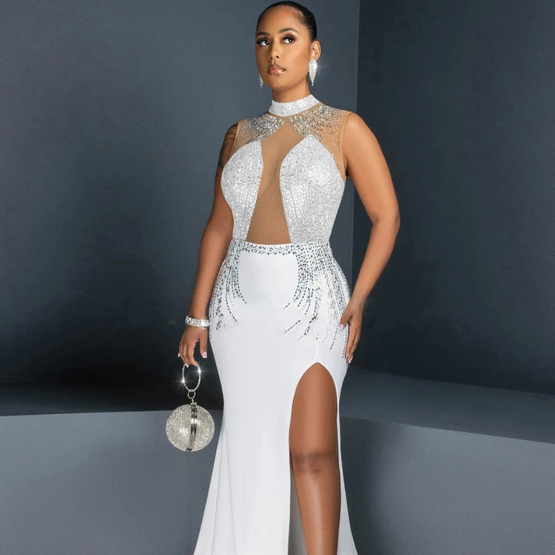 Robe de Soirée Longue en Maille et Strass Transparente pour Femme, Tenue Élégante de Luxe en Forme de Sirène, Fente Haute, Patchwork