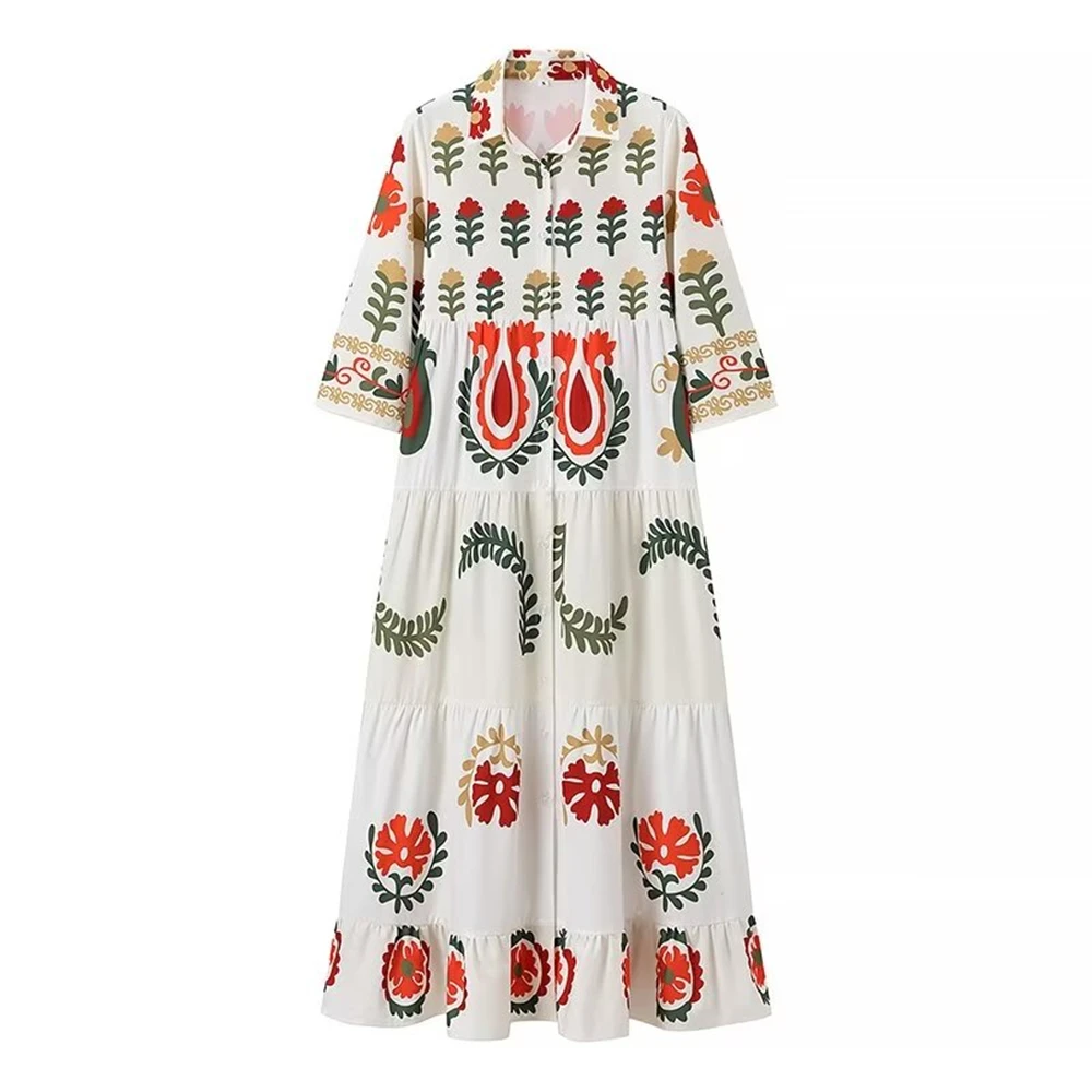

PB&ZA Women's 2024 Summer New European and American Style Versatile Print Loose Flip Collar Single breasted Dress