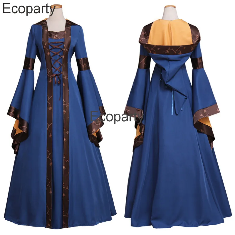 Robe à capuche gothique vintage médiévale pour femmes, robes à manches évasées, robe de princesse noble, cosplay de luxe, costume d'Halloween, nouveau