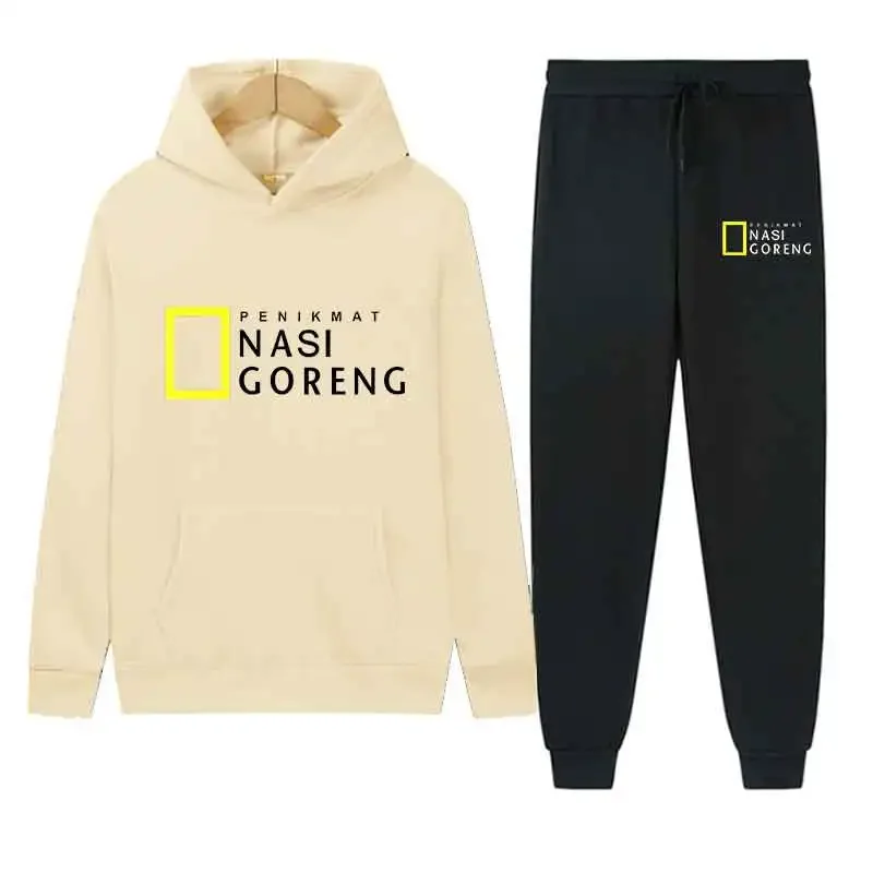 

2026 Мужской пуловер с капюшоном на весну/осень, повседневная спортивная одежда, свитер + комплект спортивных штанов - модно свободно для использования верхней одежды