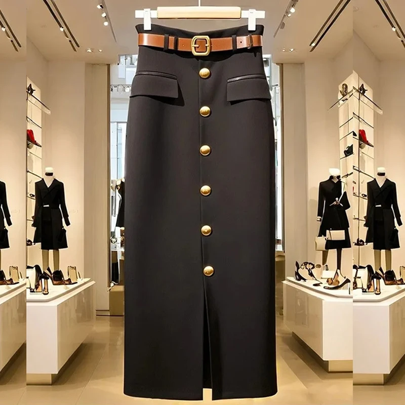 Classics Black Skirt Straight Suit Mid-length Golden Buckle Simple Slim Skirts Spring Fashion Women Office Lady Dress France