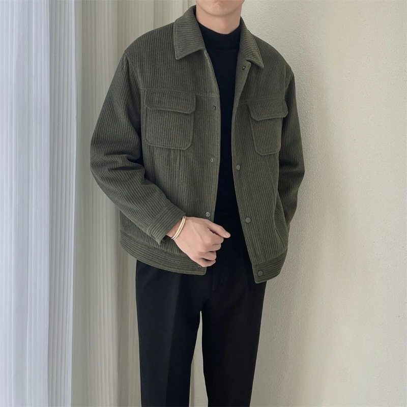 ​Autumn Spring Men's Corduroy Jacket Military Collared Short Jacket Loose Fit Stylish Workwear for Daily Wear​