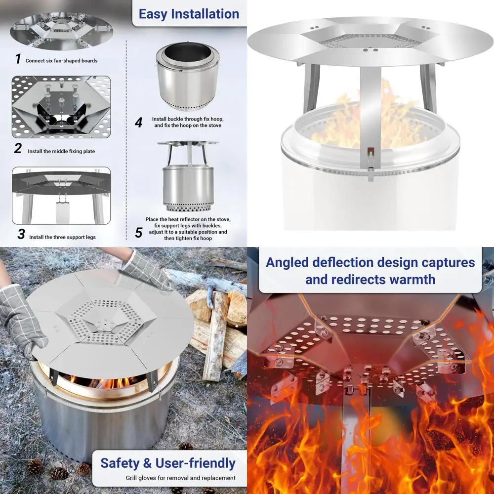 

15 Stainless Steel Heat Deflector for Fire Pit, Grill Gloves & Fix Hoop Included, Enhance Heat Distribution, Ideal Camping Acces