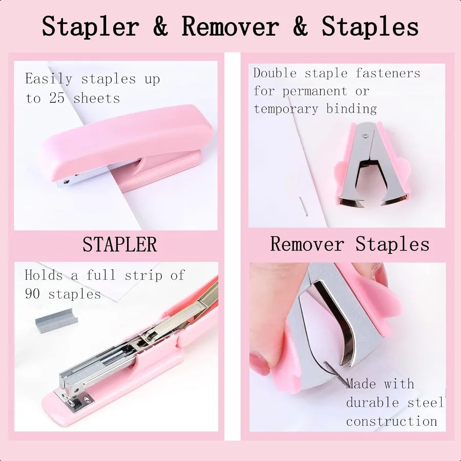 Accessori da scrivania per ufficio rosa Forniture 12 pezzi Organizzatori e accessori da scrivania con dispenser per nastro e cucitrice Punti metallici Staple Remo