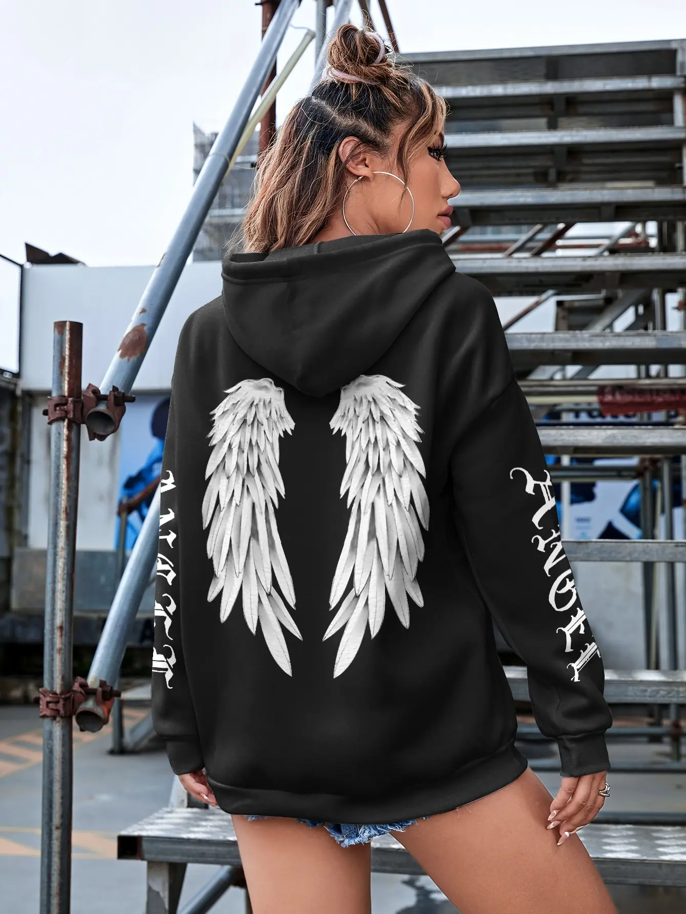 Angel Wings Personality Pattern Female Hoodies Harajuku Fleece Hooded Fashion S-Xxl Casual Pullovers Hip Hop Loose Women Tops