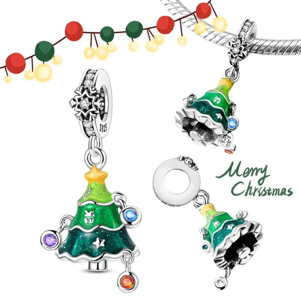 

925 Silver Silver Shining Green Christmas Tree Pendant Beads Fit Charm Bracelet Pendant Women DIY Fine Jewelry Gift Making