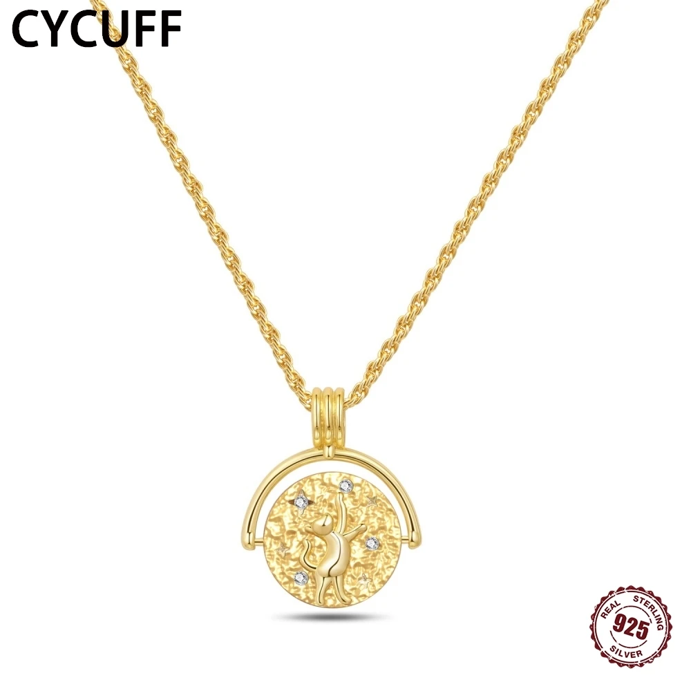 

CYCUFF S925 Sterling Silver Golden Cat Coin Necklace Pendant Necklace Charms Original for Women DIY Birthday Fine Jewelry Gift