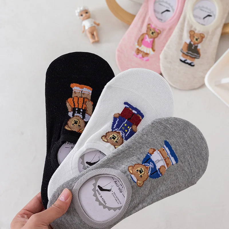 5 Pairs Fashion Bear Socks Women Korean Cartoon Ultra-short Socks Spring New Trendy Socks Ins Shallow Mouth Invisible Crew Funny