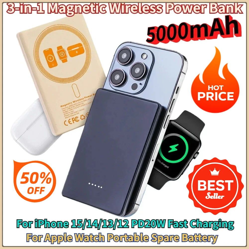 

For Apple Watch Portable Spare Battery 3-in-1 Magnetic Wireless Power Bank for MagSafe IPhone 15 14 13 12 PD20W Fast Charging