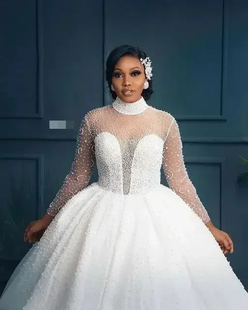 Customized New Appliqued Halter Pearls Beaded Bridal Dresses White Cheap Plus Big Size Long Sleeve Puffy Ball Gown Wedding Dress