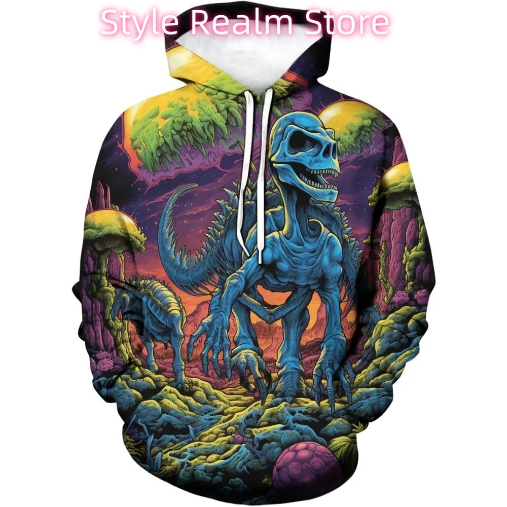 الرجال الجدة ديناصور هوديي 3D الجمجمة نمط تريبي طويلة الأكمام البلوز هوديس