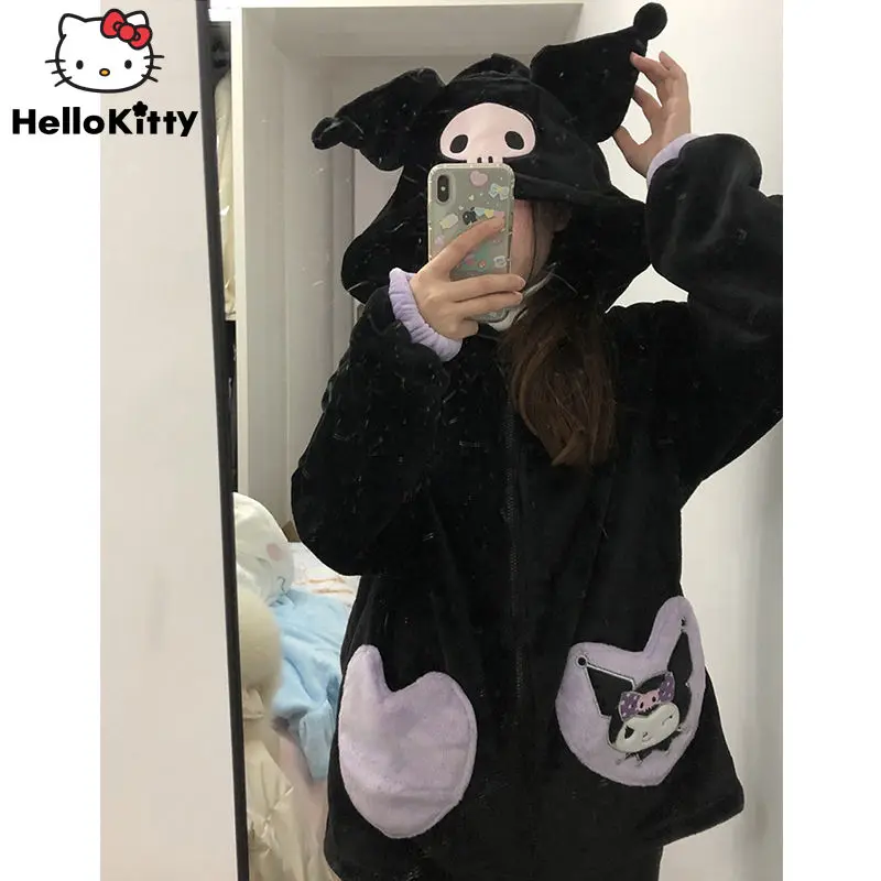 Sanrio Cute Kuromi Plush Hooded Coral Plush Pajamas Set 90s Aesthetic Thickened Warm Home Fur Pijama Set Korean 2000s Sleepwear