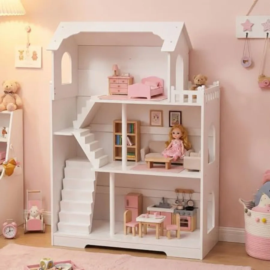 

Wooden Dollhouse Bookshelf 3 Tier Dollhouse Bookcase for Above 3 Years Old Role Playing
