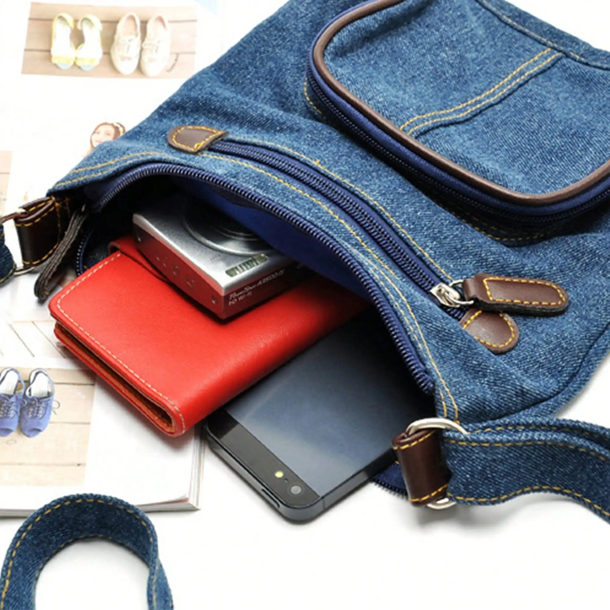 Moda feminina denim crossbody saco multi bolsos saco do mensageiro com alças ajustáveis bolsa de ombro saco vintage 22cm * 21cm * 4.1cm