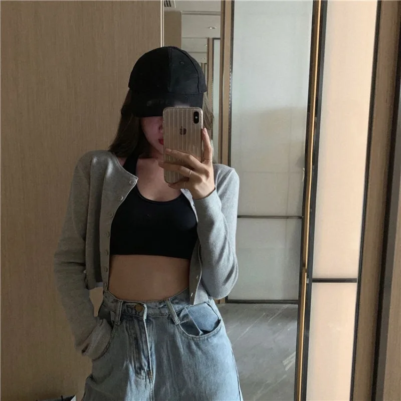 Sexy Crop Cardigan Women Autumn Long Sleeve Single Breasted Solid Simple All-match Leisure Office Lady Slim Korean Style Chic