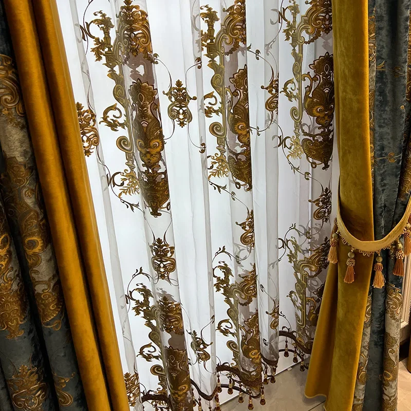 Palace Blue Gilded Embroidered Flannelette Patched Curtains for Living Room Bedroom Balcony Window Embroidered Window Screen