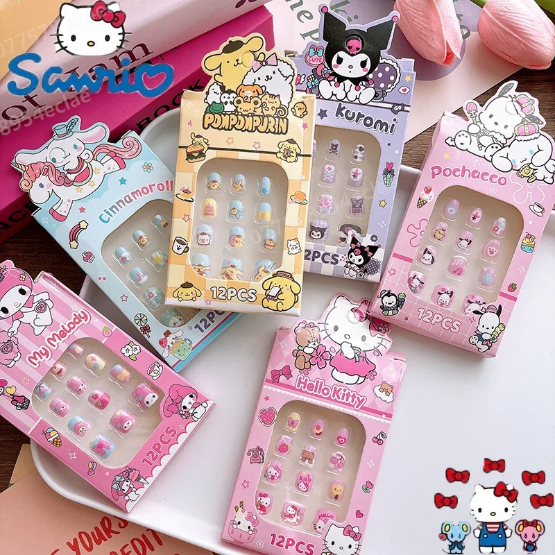 12pcs Sanrio Kuromi Cute Hello Kitty Children's Nail Patch Diy Nail Patch for Girls Children's Nails Decoration Birthday Gift