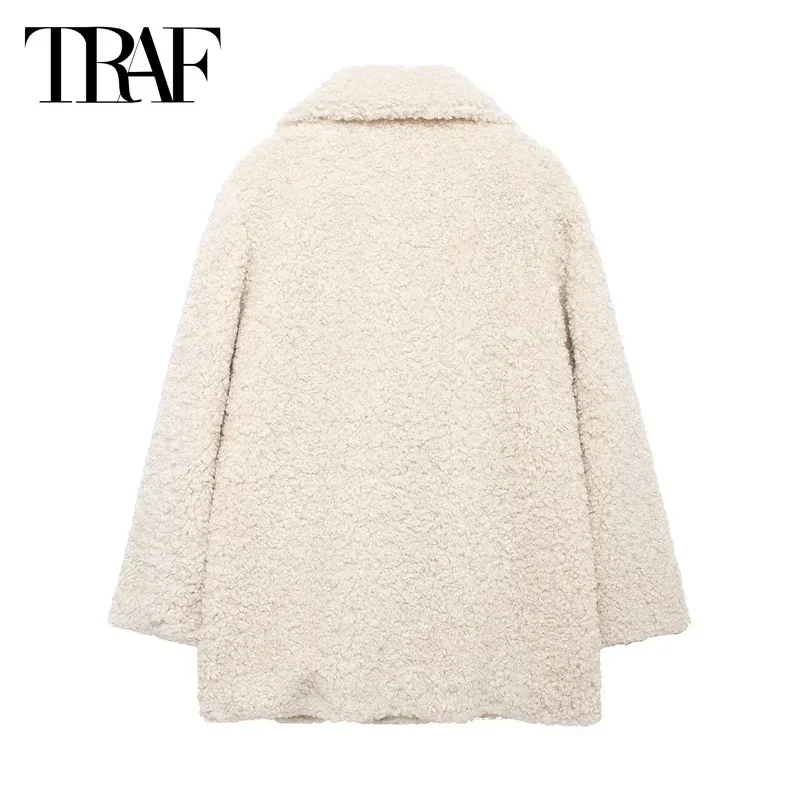 TRAF Women 2024 Faux Fur  Oversized Coats Autumn Winter Beige Long Sleeve Outerwears Ladies Fashion Casual Elegant Long Jackets