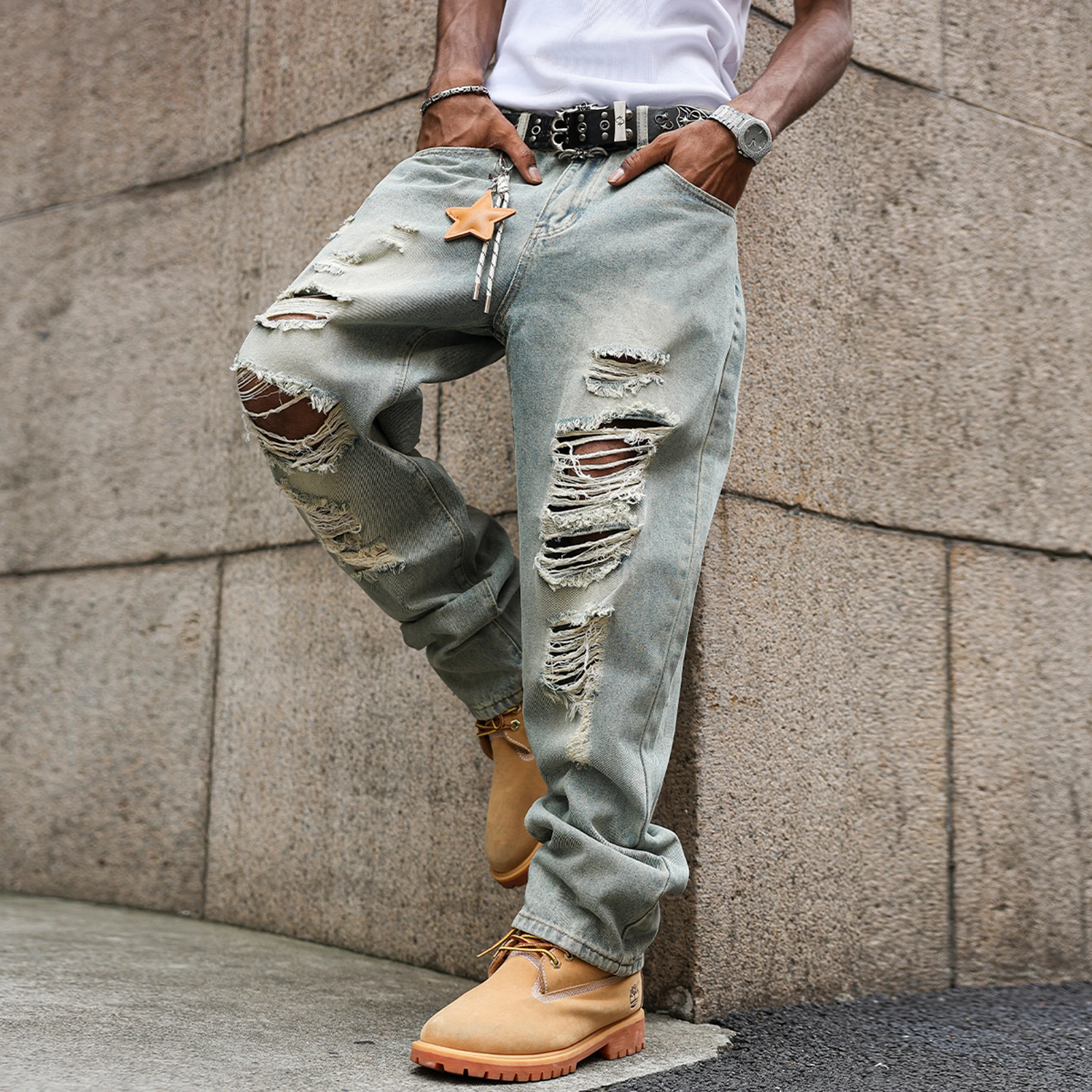 

Винтажные мужские эластичные мешковатые джинсы для мужчин, рваные джинсы в стиле хип-хоп, уличная одежда, повседневные широкие брюки