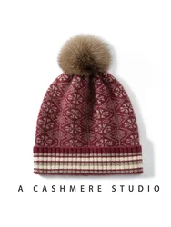 Cashmere Vintage Jacquard Knit Thick Beanies Rabbit Pom-pom Ribbed Hem Soft Cap Hat Autumn Winter Warm Wool Christmas Present