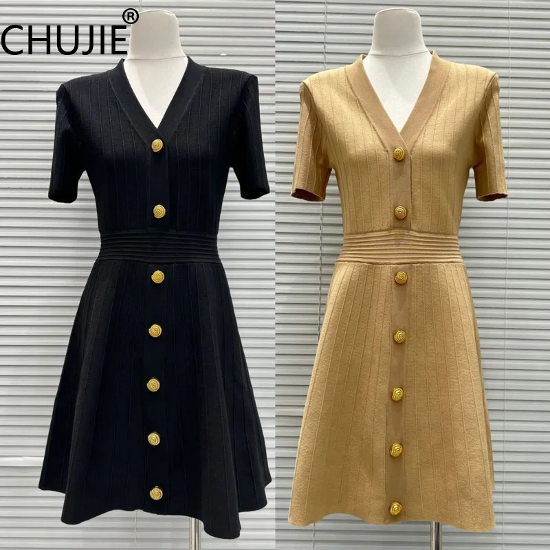 

CHUJIE 2025 Early Autumn French Style Knit Dress - V-Neck A-Line With Gold Buttons, Slim Fit Waist, Viscose + Nylon Blend