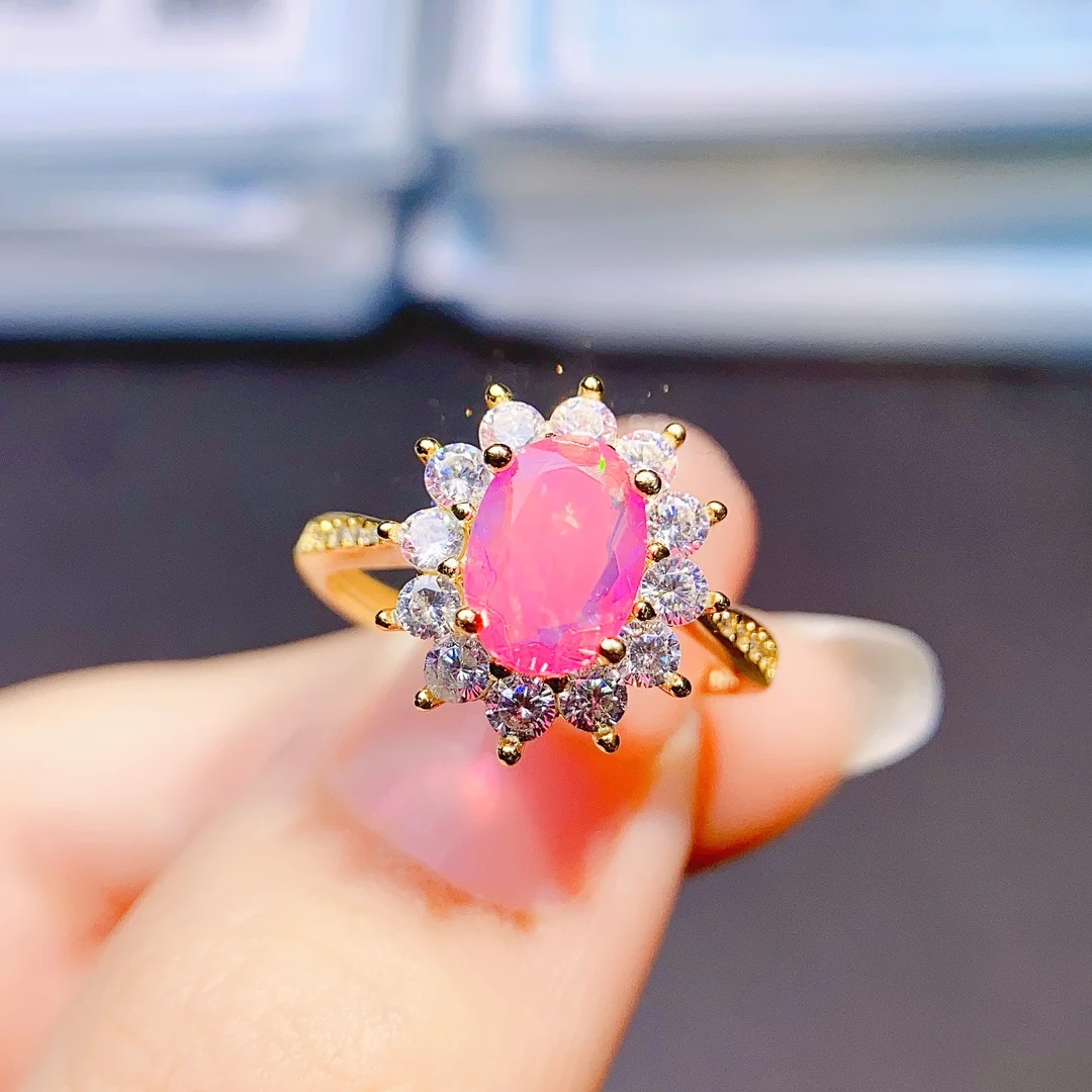 

Oval Opal Ring With Floral CZ Halo Ring 925 Sterling Silver Natural Pink Opal Engagement Ring For Gift