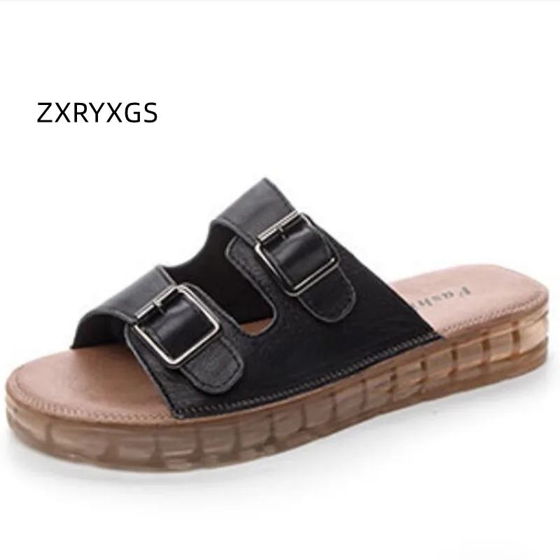 ZXRYXGS Head Layer Cowhide Fish Mouth Slippers Flat Soft Sole Comfortable Non-slip Casual Slippers Women Sandals Summer New 2024